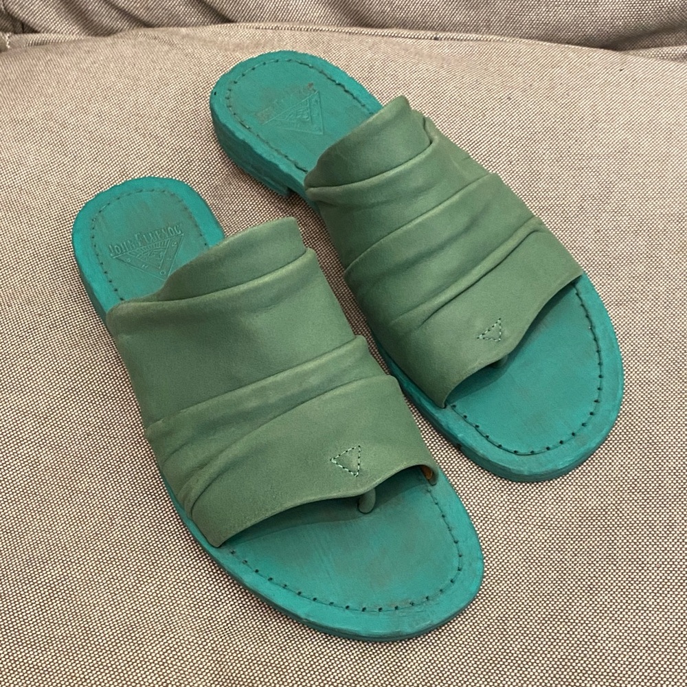 John Fleuvog Turquoise Slide Sandals